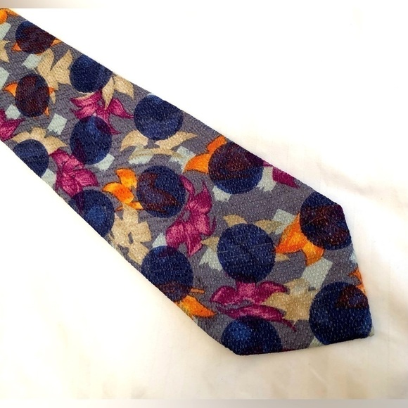 UNGARO Paris Purple Blue Circles Pink Orange Cream Flowers Silk Tie Necktie - Picture 16 of 16